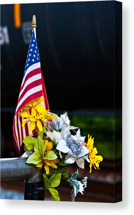 American Flag Canvas Print featuring the photograph Flag, Flowers, and Freight Train by Steve Ember