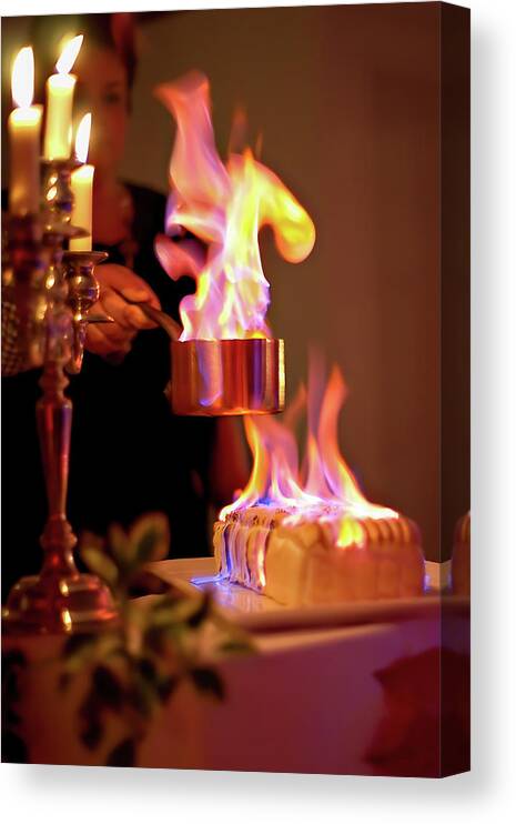 Alcohol Canvas Print featuring the photograph Flambeed Norwegian omelet, Baked Alaska by Jean-Luc Farges