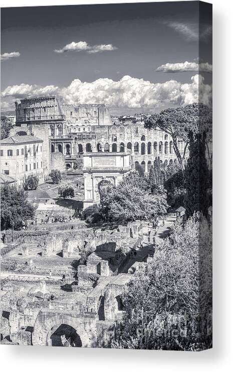 Italian Scene Canvas Print featuring the photograph Forum Romanum with The Colosseum in the background BW by Stefano Senise