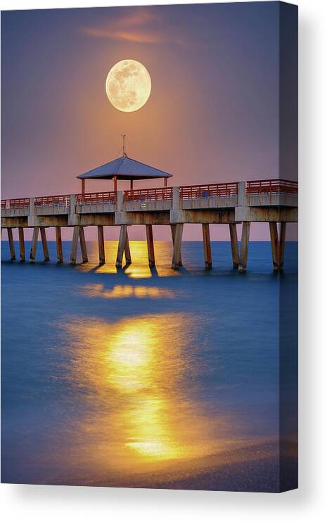 Captain Kimo Canvas Print featuring the photograph Full Moon Rise Juno Beach Pier May 2017 by Kim Seng