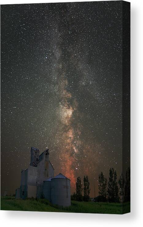 Milky Way Canvas Print featuring the photograph Galactic Elevator - Summer Milky way core with grain elevator by Peter Herman