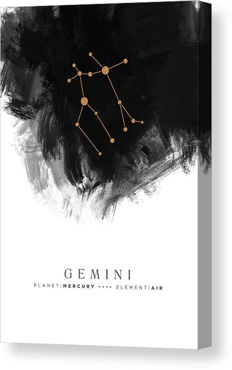 Gemini Canvas Print featuring the mixed media Gemini Zodiac Sign - Minimal Print - Zodiac, Constellation, Astrology, Good Luck, Night Sky - Black by Studio Grafiikka