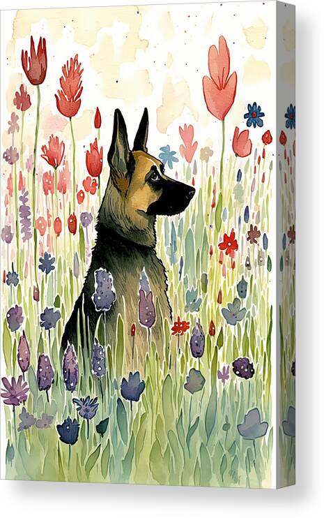 German Shepherd Canvas Print featuring the digital art German Shepherd in Flower Field by Debbie Brown