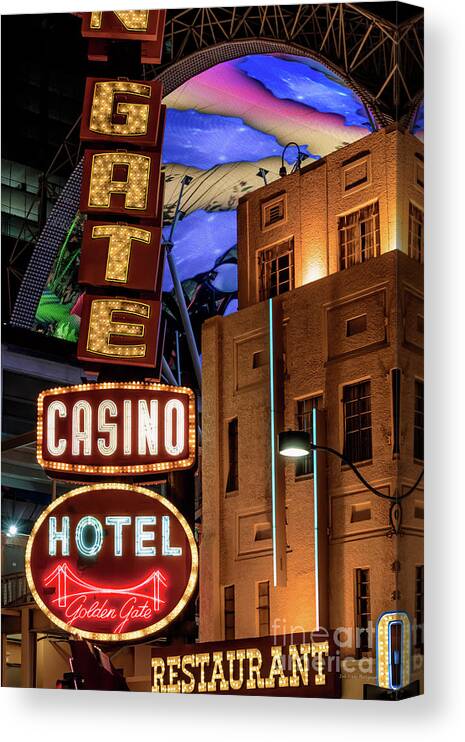 Golden Gate Casino Canvas Print featuring the photograph Golden Gate Casino Neon Signs and Fremont Experience at Night by Aloha Art