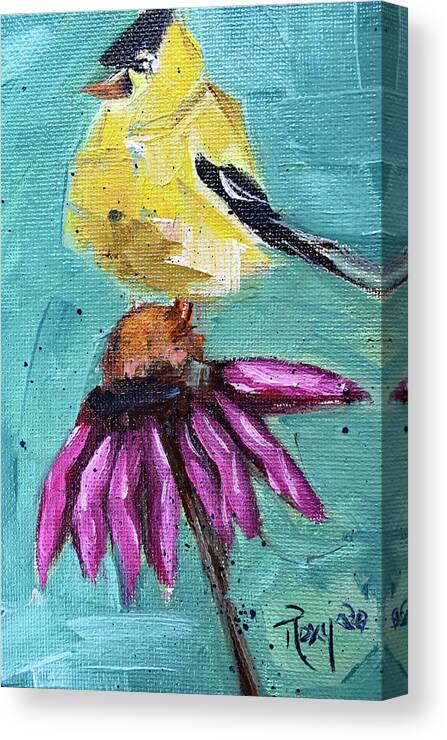 Goldfinch Canvas Print featuring the painting Goldfinch on a Coneflower by Roxy Rich
