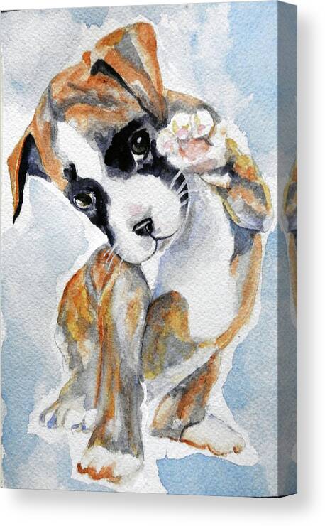 Boxer Puppy Canvas Print featuring the painting Hello, I think I love you by Barbara F Johnson
