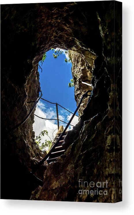 Austria Canvas Print featuring the photograph Hiking Trail With Exit From A Cave At Steinwandklamm In Austria by Andreas Berthold