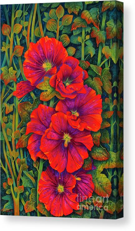 Flowers Canvas Print featuring the painting Hollyhocks - 3D by Ricardo Chavez-Mendez