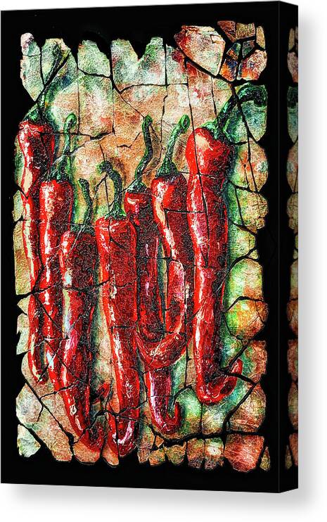  Fresco Canvas Print featuring the painting Hot Peppers fresco with Crackled Background by Lena Owens - OLena Art Vibrant Palette Knife and Graphic Design