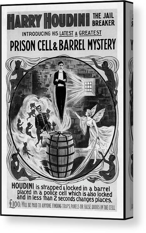 Houdini Canvas Print featuring the photograph Houdini The Jail Breaker Vintage Retro Advertising Poster Black and White by Carol Japp