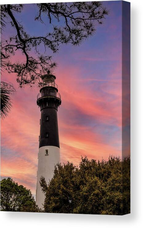 America Canvas Print featuring the photograph Hunting Island Lighthouse at sunset by Karen Foley