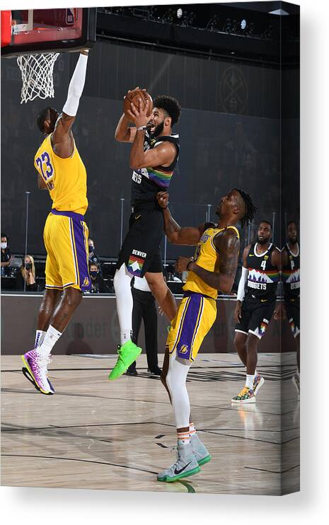 Jamal Murray Canvas Print featuring the photograph Jamal Murray and Lebron James by Andrew D. Bernstein