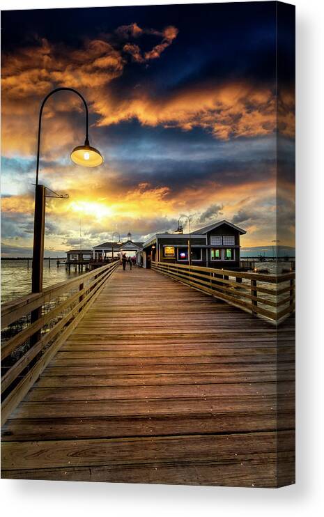Clouds Canvas Print featuring the photograph Jekyll Island Dock Lights Latitude 31 by Debra and Dave Vanderlaan