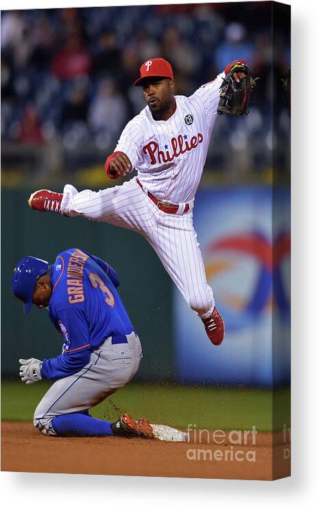 Double Play Canvas Print featuring the photograph Jimmy Rollins and Curtis Granderson by Drew Hallowell