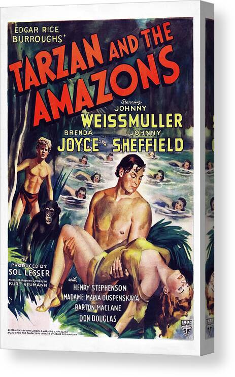 Brenda Joyce Canvas Print featuring the photograph JOHNNY WEISSMULLER and BRENDA JOYCE in TARZAN AND THE AMAZONS -1945-, directed by KURT NEUMANN. by Album