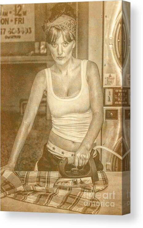 Girl Canvas Print featuring the photograph Laundromat pinup by Jorgo Photography