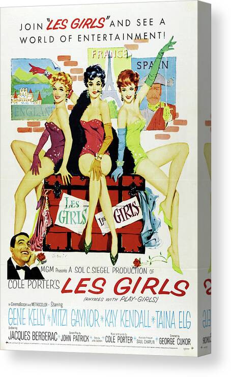 Les Canvas Print featuring the mixed media ''Les Girls'', with Gene Kelly and Mitzi Gaynor, 1957 by Movie World Posters