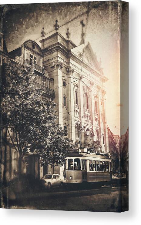 Lisbon Canvas Print featuring the photograph Lisbon City Tram 28 Vintage Sepia by Carol Japp
