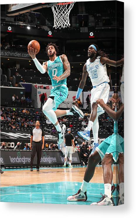 Miles Bridges Canvas Print featuring the photograph Los Angeles Lakers v Charlotte Hornets by Kent Smith