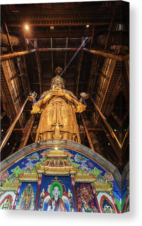 Statue Canvas Print featuring the photograph Low angle view of Buddhist shrine in temple, Ulaanbaatar, Mongolia by Jeremy Woodhouse