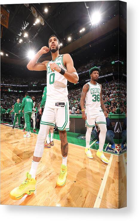 Jayson Tatum Canvas Print featuring the photograph Marcus Smart and Jayson Tatum by Nathaniel S. Butler