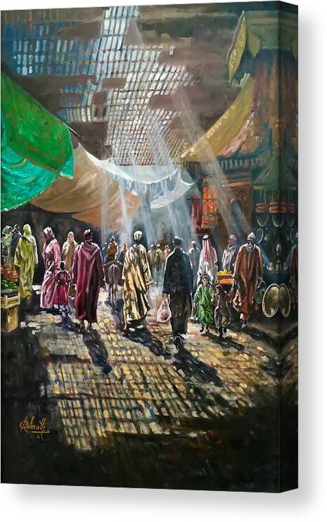  Canvas Print featuring the painting Medieval souk, Fes by Raouf Oderuth