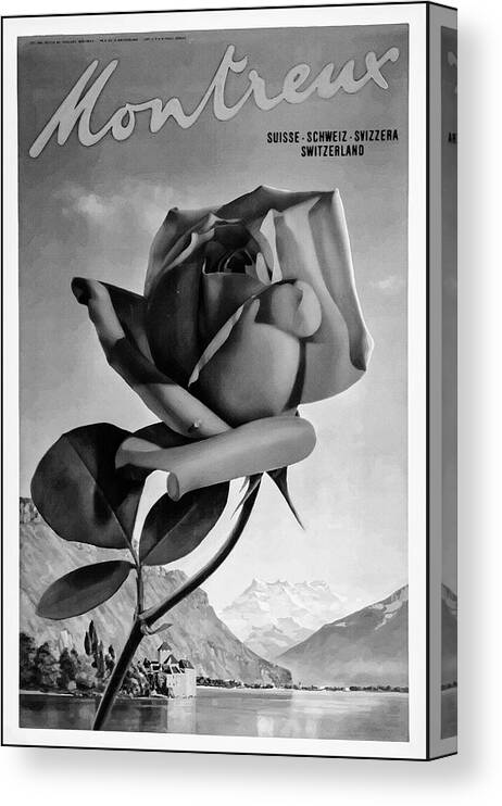 Montreux Canvas Print featuring the photograph Montreux Switzerland Vintage Travel Poster Black and White by Carol Japp
