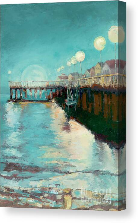 Santa Cruz Canvas Print featuring the painting Moon Over Santa Cruz Wharf by PJ Kirk