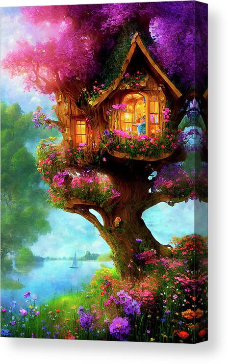 Tree House Canvas Print featuring the digital art My Summer Treehouse by the Lake by Peggy Collins