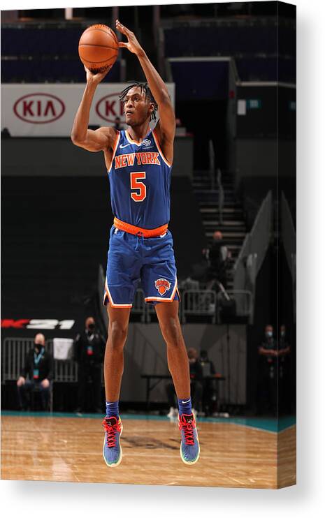 Immanuel Quickley Canvas Print featuring the photograph New York Knicks v Charlotte Hornets by Kent Smith