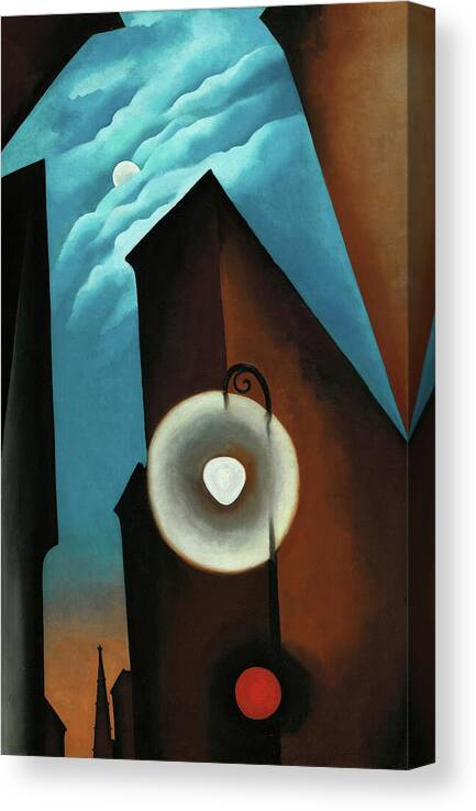 Georgia O'keeffe Canvas Print featuring the painting New York street with moon - abstract modernist cityscape painting by Georgia O'Keeffe