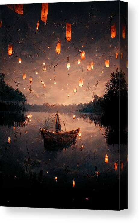 Boat Canvas Print featuring the digital art Night Lights by Nickleen Mosher