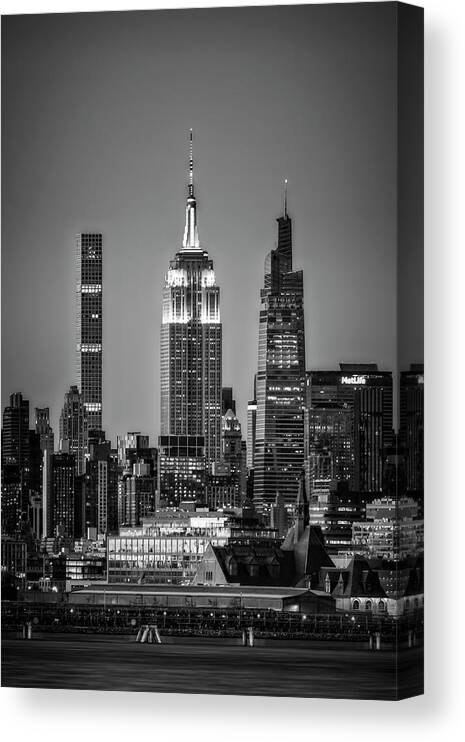 Empire State Canvas Print featuring the photograph NJ and New York City Skyline BW by Susan Candelario