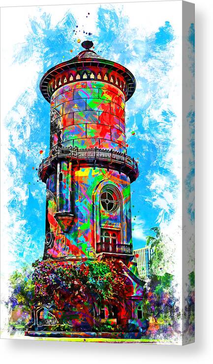 Old Water Tower Canvas Print featuring the digital art Old Fresno Water Tower - colorful painting by Nicko Prints