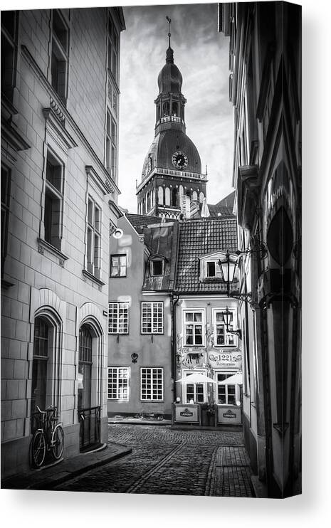 Riga Canvas Print featuring the photograph Old Riga Black and White by Carol Japp