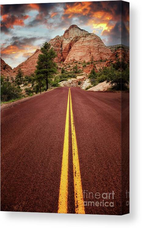 Road Canvas Print featuring the photograph On the road in Zion at sunset, Utah, USA by Jane Rix