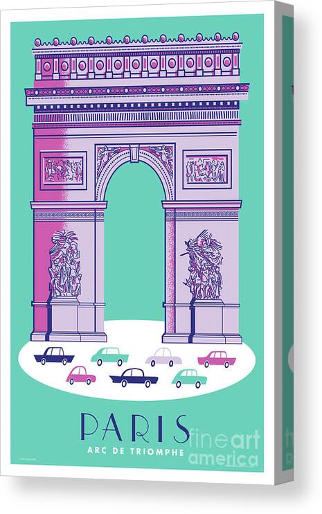 Pop Art Canvas Print featuring the digital art Paris Poster Arc de Triomphe - Retro Travel Poster by Jim Zahniser