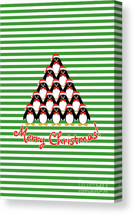 Penguin Christmas Tree Canvas Print featuring the digital art Penguin Christmas Tree n Stripes by Two Hivelys