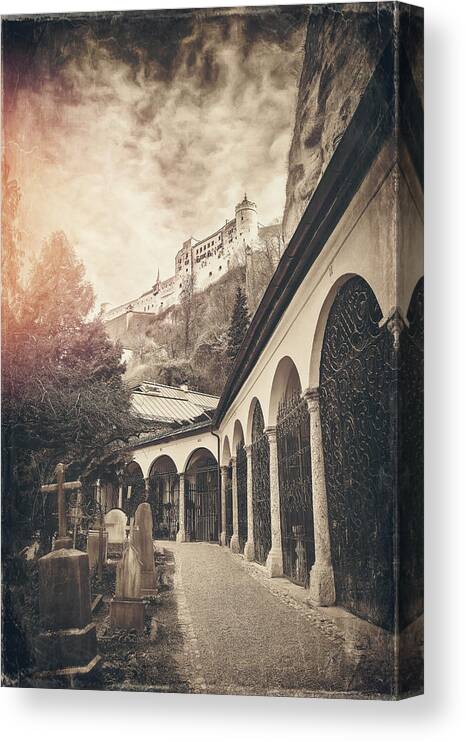 Salzburg Canvas Print featuring the photograph Petersfriedhof and Salzburg Castle Vintage Sepia by Carol Japp