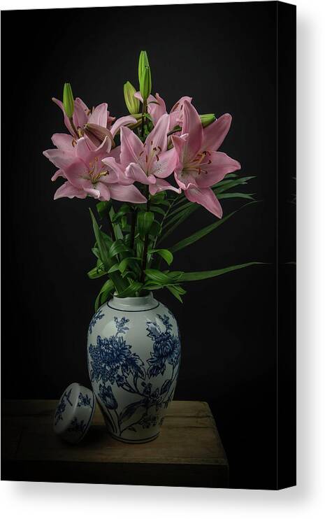 Delft Blue Vase Canvas Print featuring the digital art Pink in Blue by Marjolein Van Middelkoop