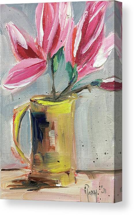 Magnolias Canvas Print featuring the painting Pink Magnolias in a Yellow Porcelain Pitcher by Roxy Rich