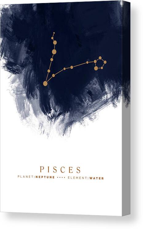 Pisces Canvas Print featuring the mixed media Pisces Zodiac Sign - Minimal Print - Zodiac, Constellation, Astrology, Good Luck, Night Sky - Blue by Studio Grafiikka