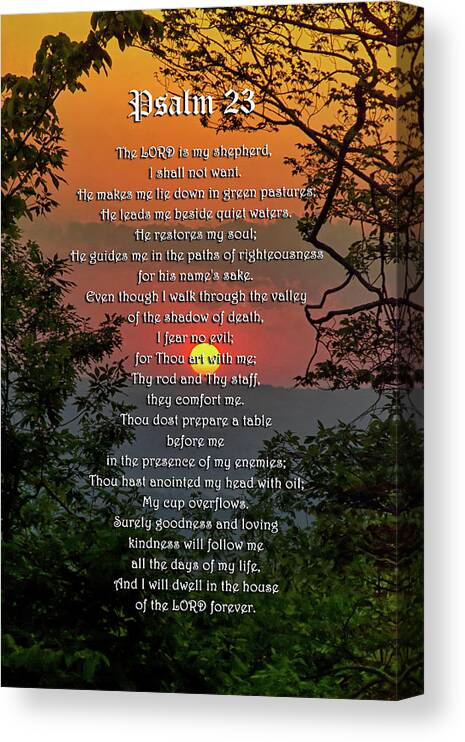 Psalm 23 Canvas Print featuring the mixed media Psalm 23 Prayer Over Sunset Landscape by Christina Rollo