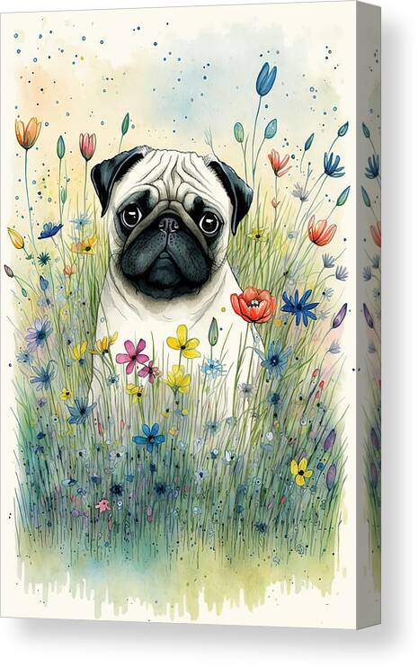 Pug Canvas Print featuring the digital art Pug in a flower field 2 by Debbie Brown