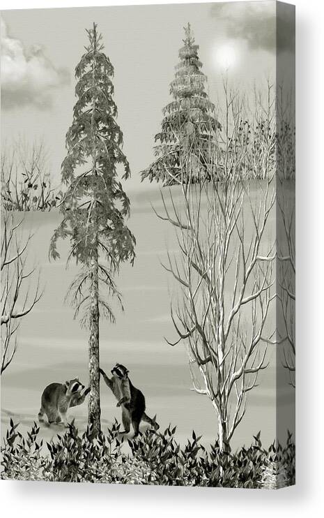 Raccoon Canvas Print featuring the mixed media Raccoons in the Wild Winter Forest by David Dehner