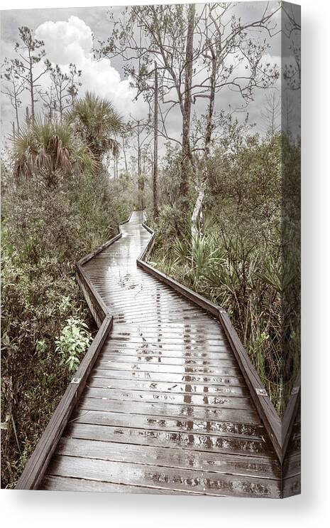 Clouds Canvas Print featuring the photograph Rainy Reflections on the Boardwalk Trail in Soft Tones by Debra and Dave Vanderlaan