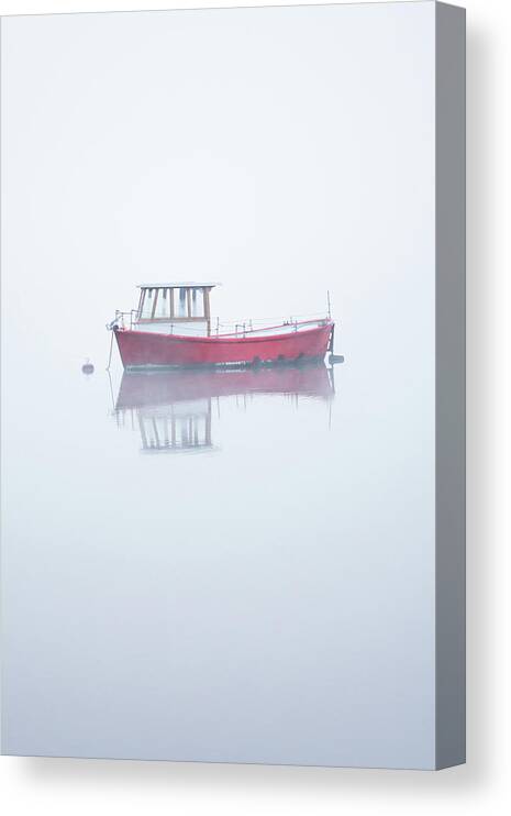 Red Boat Canvas Print featuring the photograph Red Boat in the Mist, Coniston Water by Anita Nicholson