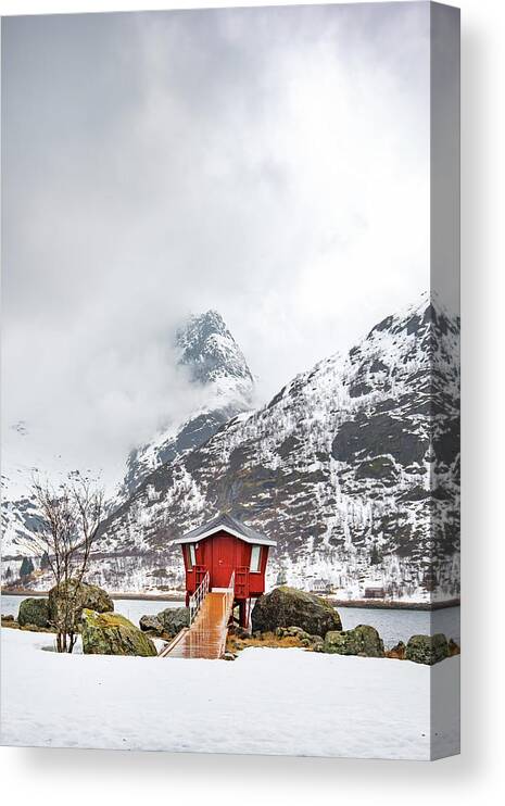 #norway #lofoten #landscape #nature #cabin #mountain #outdoor #snow Canvas Print featuring the photograph Red Hot Spot by Philippe Sainte-Laudy