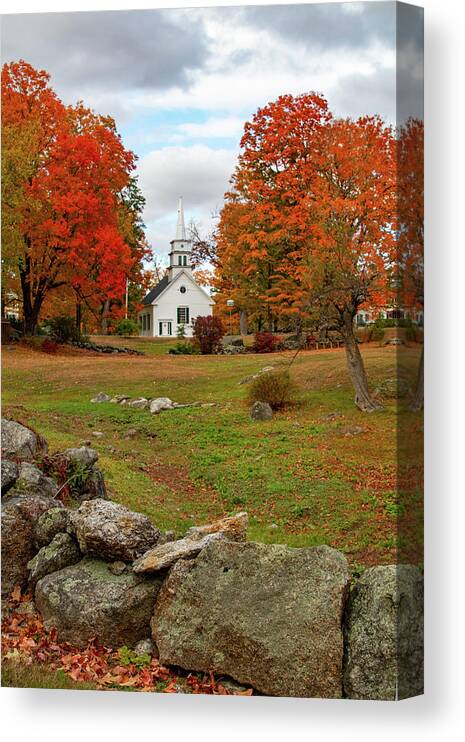 Hillsboro Church In Fall Colors Canvas Print featuring the photograph Rock wall before the Hillsboro Church by Jeff Folger