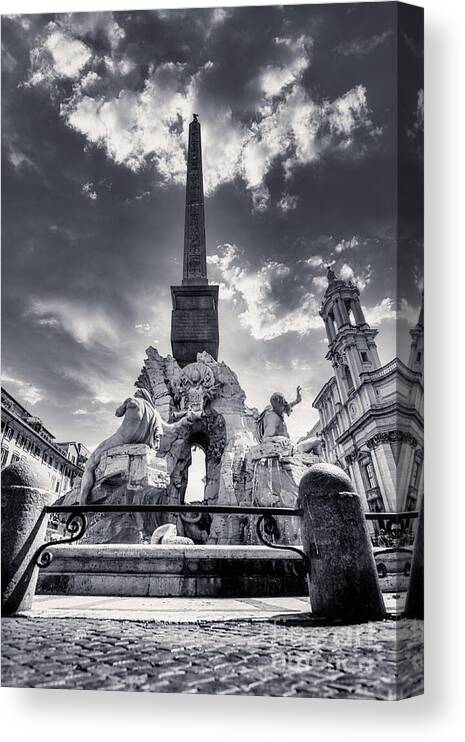 Piazza Navona Canvas Print featuring the photograph Rome BW - Fountain Of The Four Rivers In Piazza Navona 2 by Stefano Senise